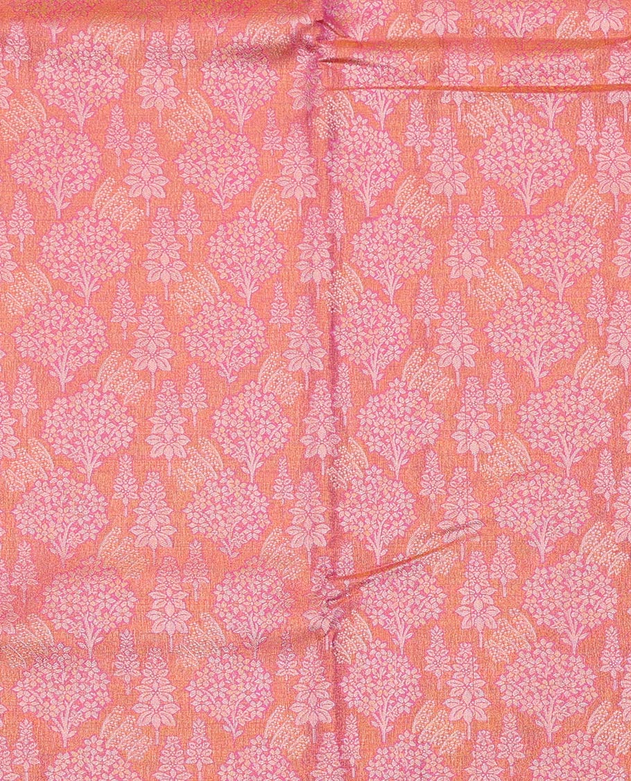 Peach Art Silk Pavadai Material Set, Masterfully Woven with Floral Jacquard on Its Skirt, Complemented by a Contrast Traditional Zari Design Border, and Paired with a Matching Blouse