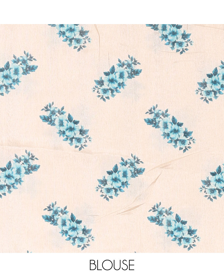 Cream-Blue Semi-Tussar Saree Features Floral Print and Sequined Work, a Scallop Border, a Self-Pallu, and a Matching Blouse