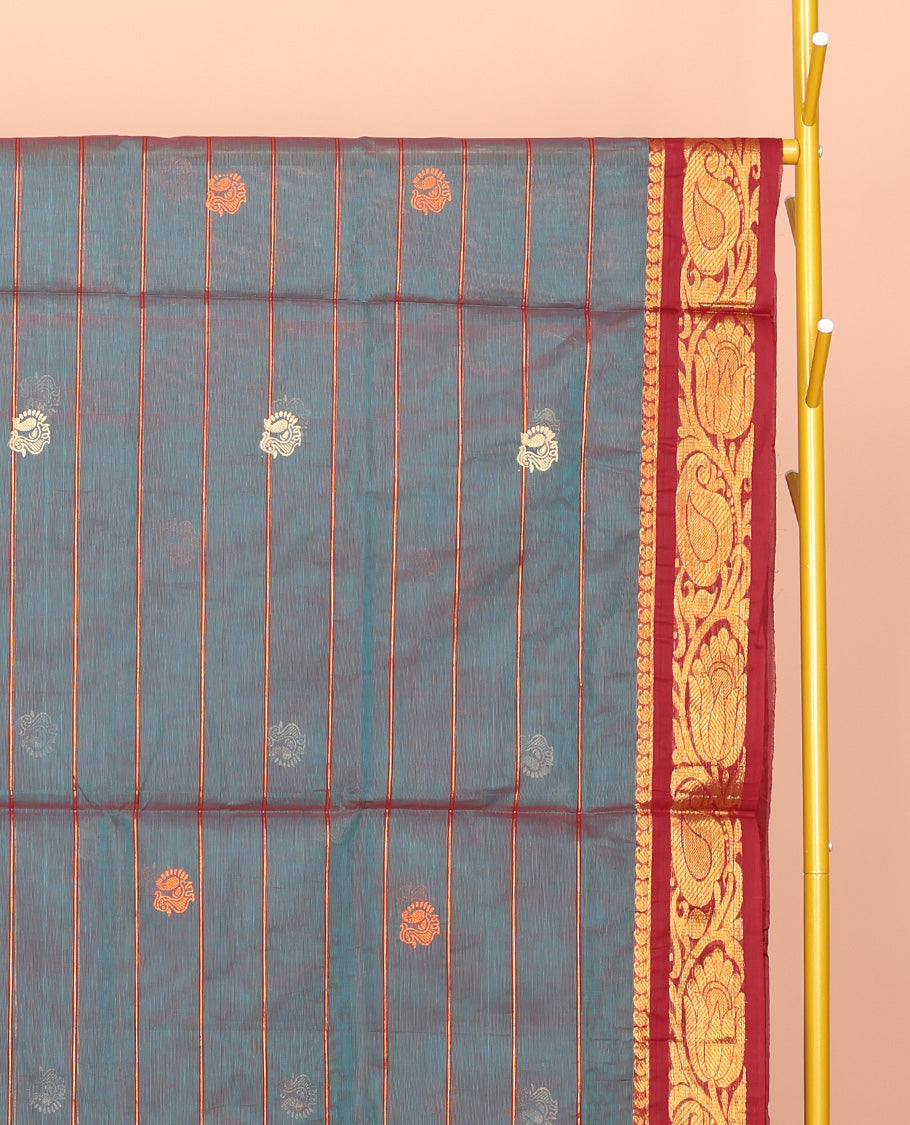 Blue Venkatagiri Cotton Saree, Embellished with Peacock Buttas and Stripes, a Contrast Peacock Zari Border, Pallu of Buttas and Stripes, and No Blouse