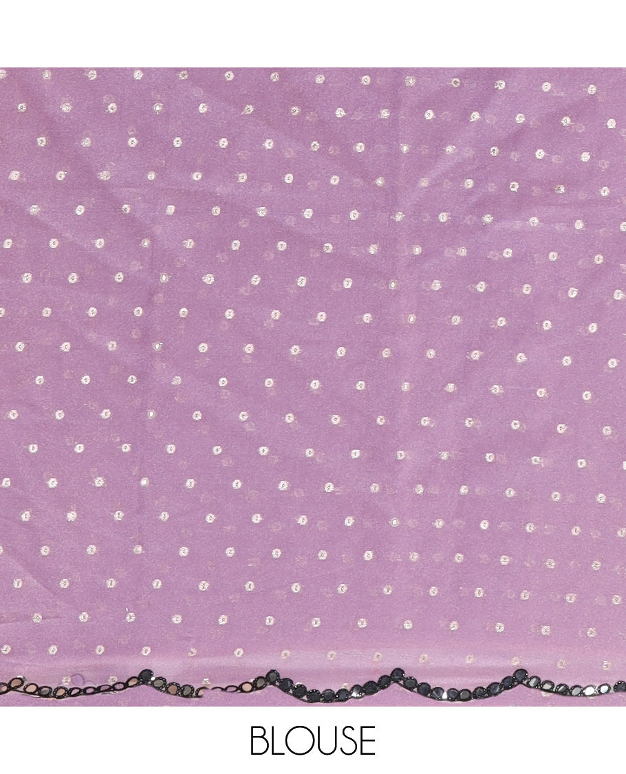 Lavender Shimmer Chiffon Saree, Steeped with Buttas, a Scallop Mirror Work Border, and a Matching Blouse