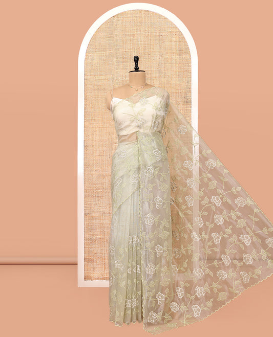 Pale Green Organza Saree, Delicately Woven with Floral Vine Embroidery, a Scallop Border, and a Matching Blouse