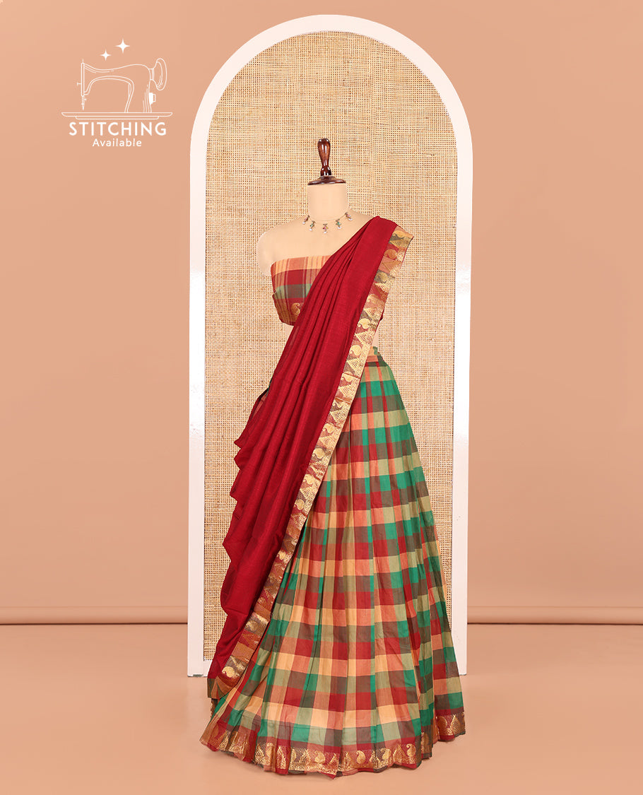 Multi-Color Chettinad Cotton Half Saree Features Checked Skirt, Paisley-Temple Border, Matching Blouse, Contrast Dhavani