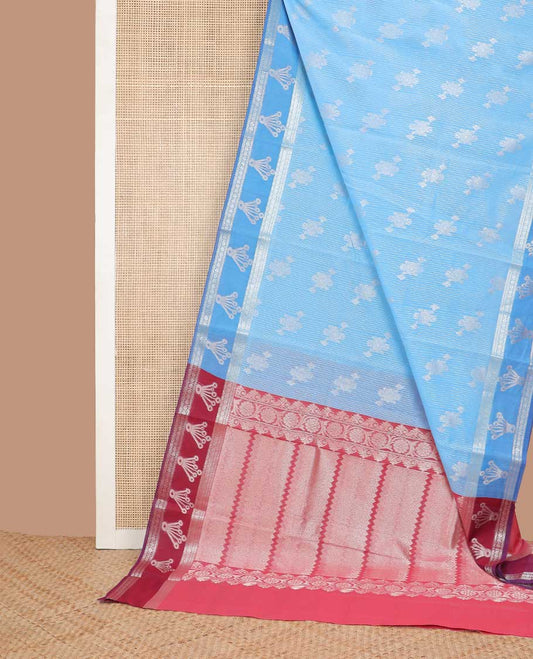 Blue striped, floral design semi silk saree with self zari design border & chevron design pallu