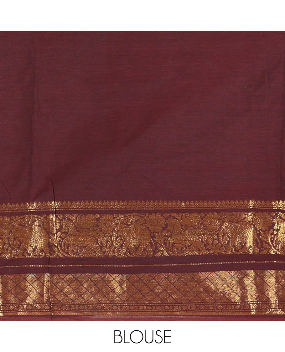 Coffee Brown Plain Chettinad Cotton Saree Adorned with a Gleaming Zari Varisai Pettu Border Featuring Horse, Elephant, and Jaal Designs, Subtly Striped Pallu, and Paired with a Matching Blouse