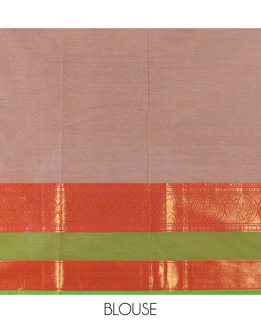 Beige plain Chettinad cotton saree, contrast traditional zari rettai pettu border, striped pallu, and a matching blouse