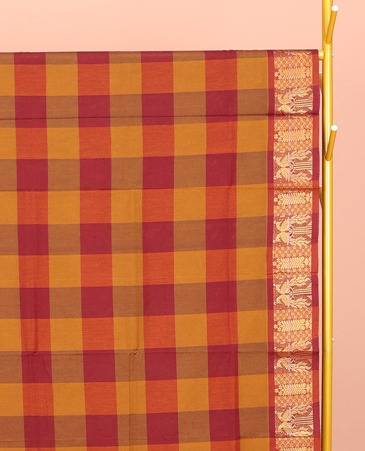 Orange-Red Chettinad Cotton Saree, Accentuated with Macro-Checks, Highlighted by Peacock Motifs Zari Border, Pallu of Stripes, and No Blouse