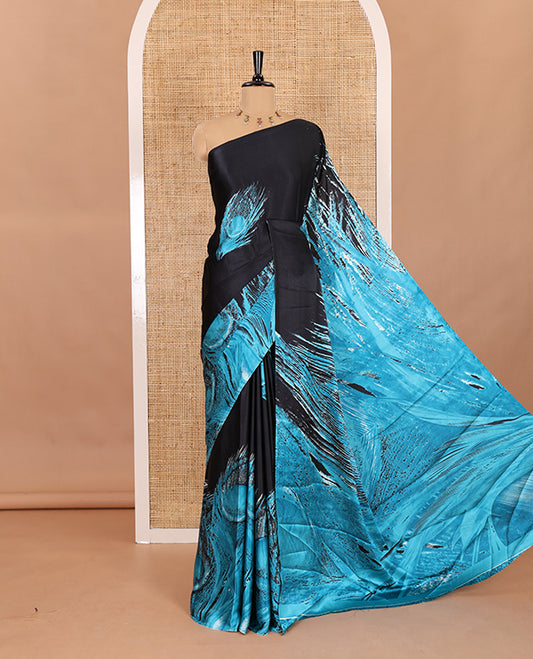 Borderless black and blue peacock feathers style abstract printed Gajji silk saree, peacock feathers printed pallu, and a contrast printed blouse