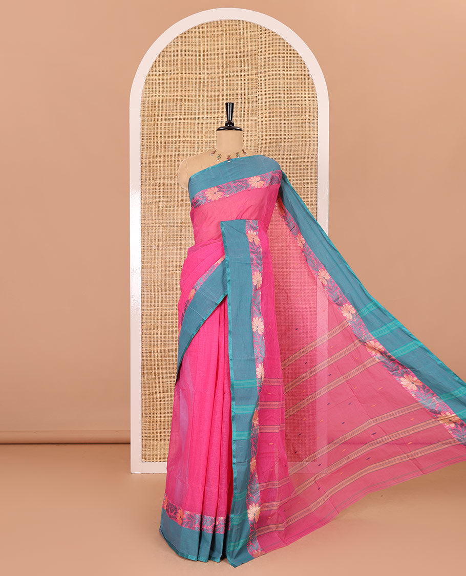 Pink thread buttas woven Bengal cotton saree, contrast floral creeper border, and striped pallu