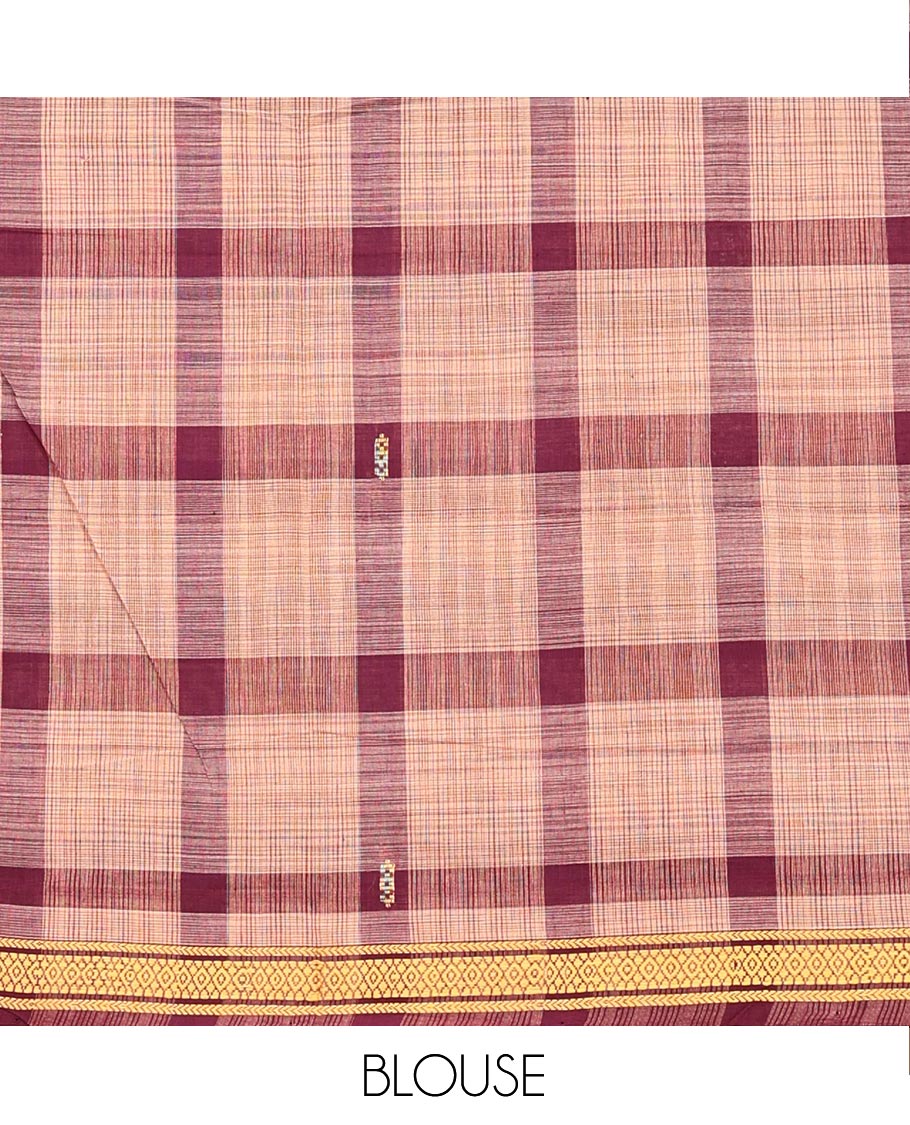 Maroon Andhra Cotton Saree, Delicately Woven with Big Checked Design All Over Its Body, Subtly Sparked with a Traditional Border, Pallu of Stripes, and Paired with a Matching Blouse
