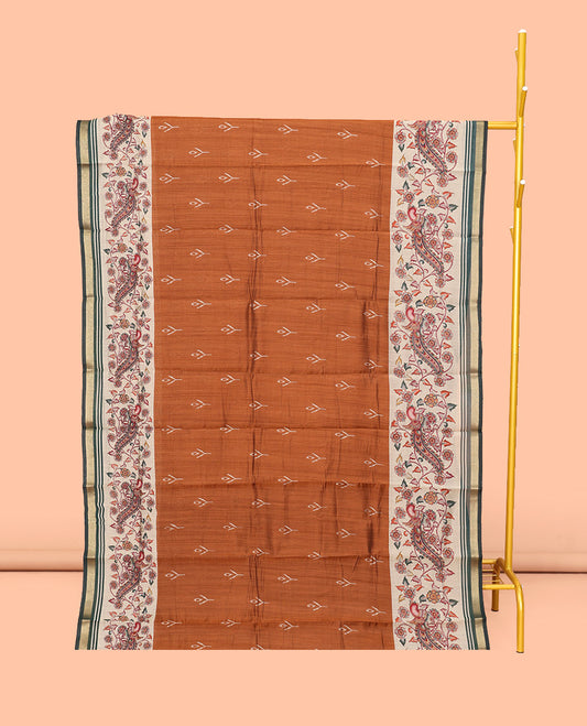 Brown Mul Mul Cotton Saree, Detailed with Ikat Buttas, Contrast Kalamkari Floral-Peacock Border, Kalamkari Printed Pallu, and a Contrast Blouse