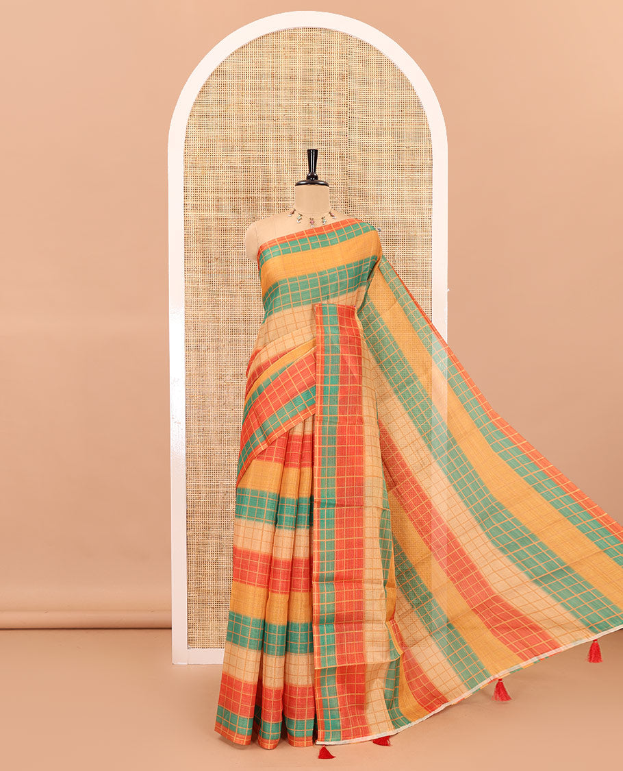 Borderless horizontally striped and checked linen cotton saree, self-pallu, and small checks rainbow theme printed blouse