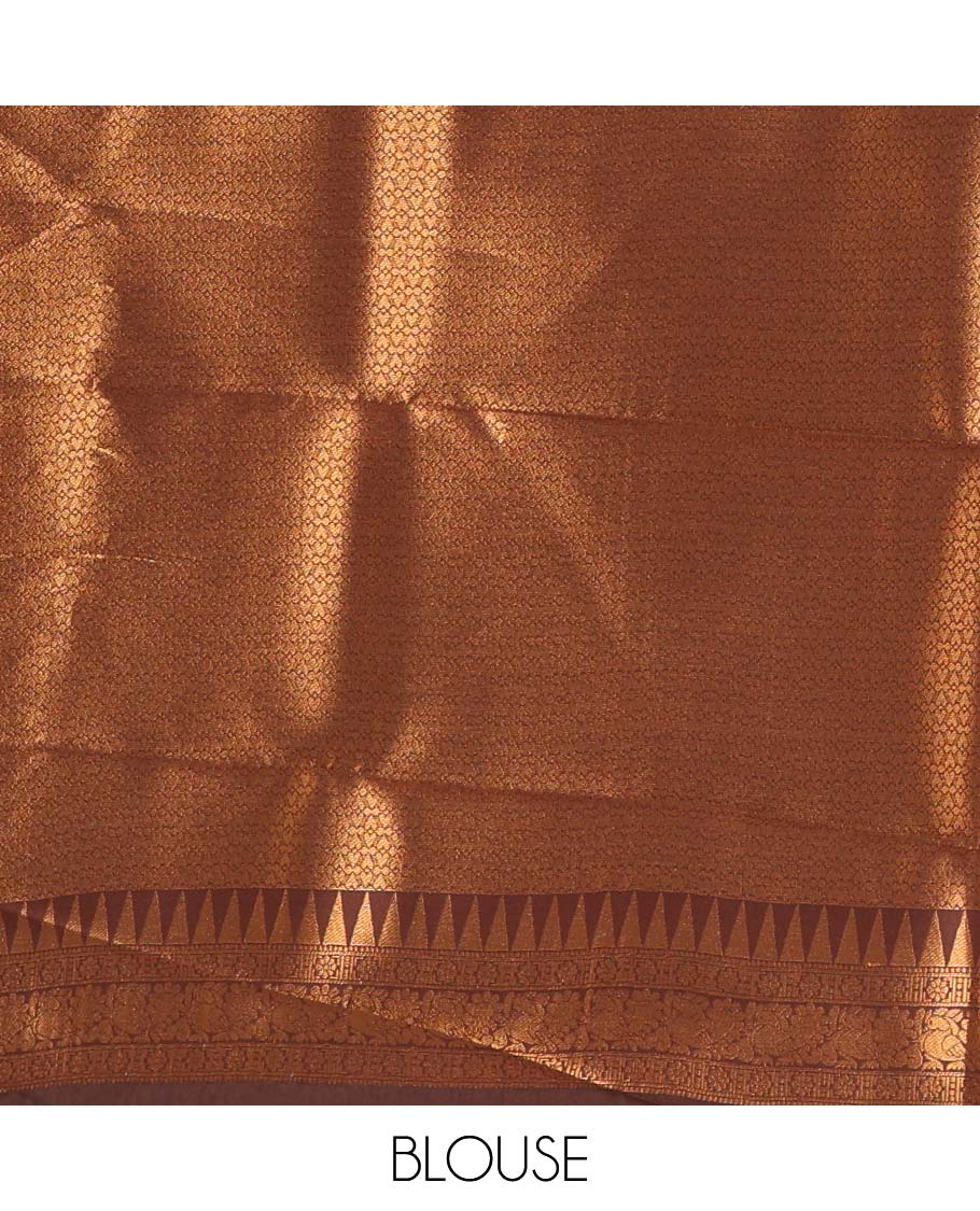 Rust orange-brown checked and peacock chakra zari buttas kanchi silk saree, contrast traditional zari rettai pettu border, jaal pallu, and a jacquard blouse