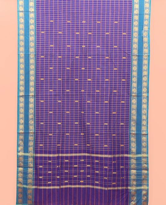 Blue Nine-Yard Cotton Saree, Crafted with Checks on Its Body, Complemented by Contrast Traditional Zari Design Rettai Pettu Border, Striped Pallu, and Comes Without a Blouse