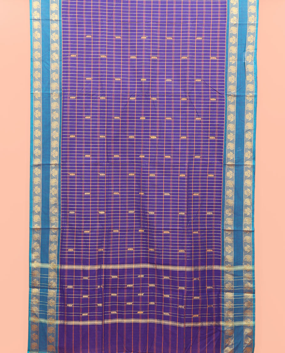 Blue Nine-Yard Cotton Saree, Crafted with Checks on Its Body, Complemented by Contrast Traditional Zari Design Rettai Pettu Border, Striped Pallu, and Comes Without a Blouse