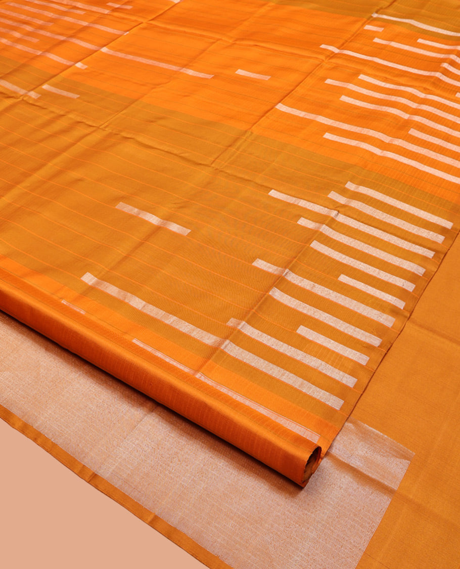 Borderless Yellow Mayuri Soft Silk Saree, Adorned with Stripes and Rectangular Blocks, Highlighted by a Pallu of Zari Design, and a Matching Blouse