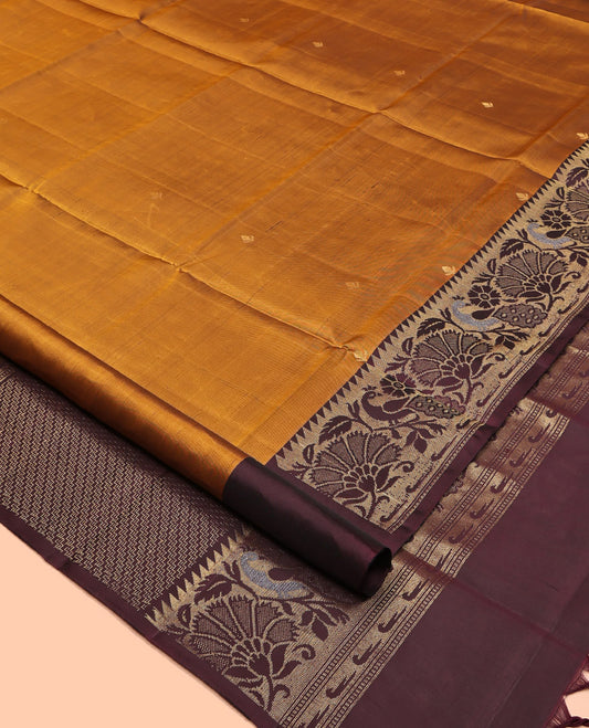 Orange Mayuri Lite Silk Mix Saree, Woven with Buttas, a Contrast Paithani Floral-Peacock Temple Border, Zig-Zag Pallu, and a Matching Blouse