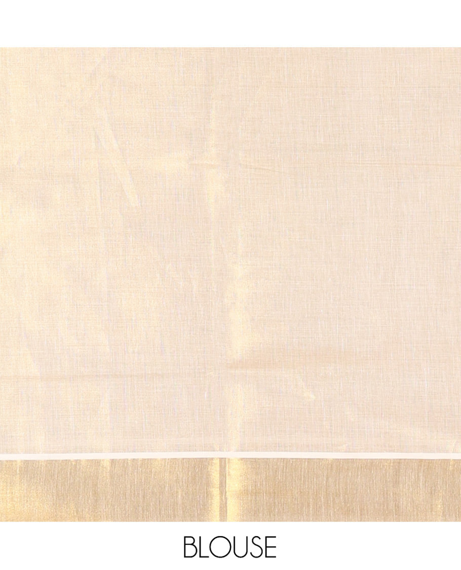 Gold-Green Plain Kerala Tissue Saree Features a Butta Enclosed Checked Border, and a Matching Blouse
