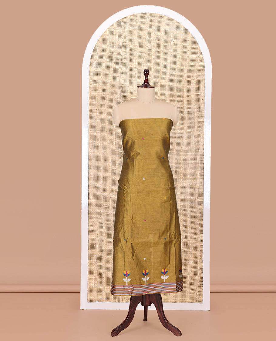 Mustard Yellow Mul Chanderi Material Churidar Features Jamdani-Style Meena Buttas Top, a Plain Bottom, and a Jamdani-Style Dupatta