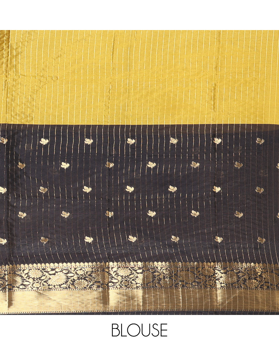 Mehendi and Black Banarasi Tissue Saree, Adorned with Half-And-Half-Style and Zari Buttas All Over Its Body, Complemented by a Contrast Traditional Zari Design Border, a Self-Pallu, and Paired with a Matching Blouse