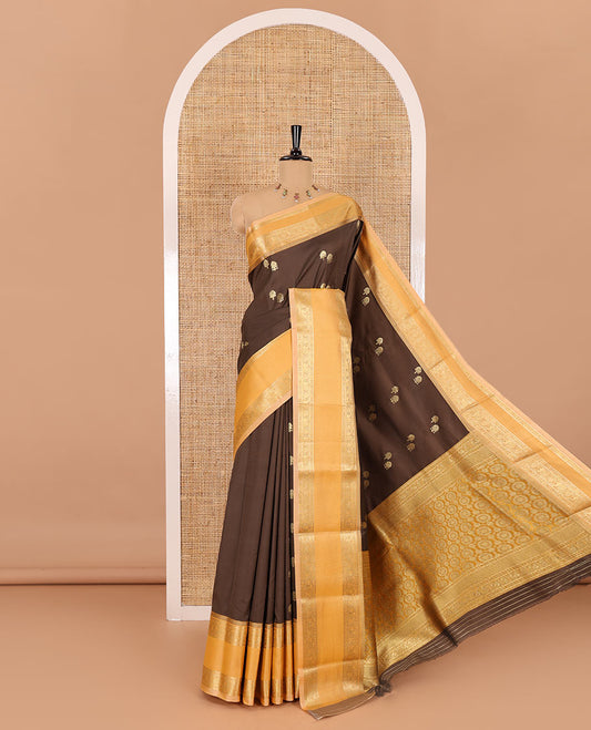 Brown buttas soft silk saree , contrast peacock and mango zari weaving border , contrast weaving rich pallu and contrast Blouse