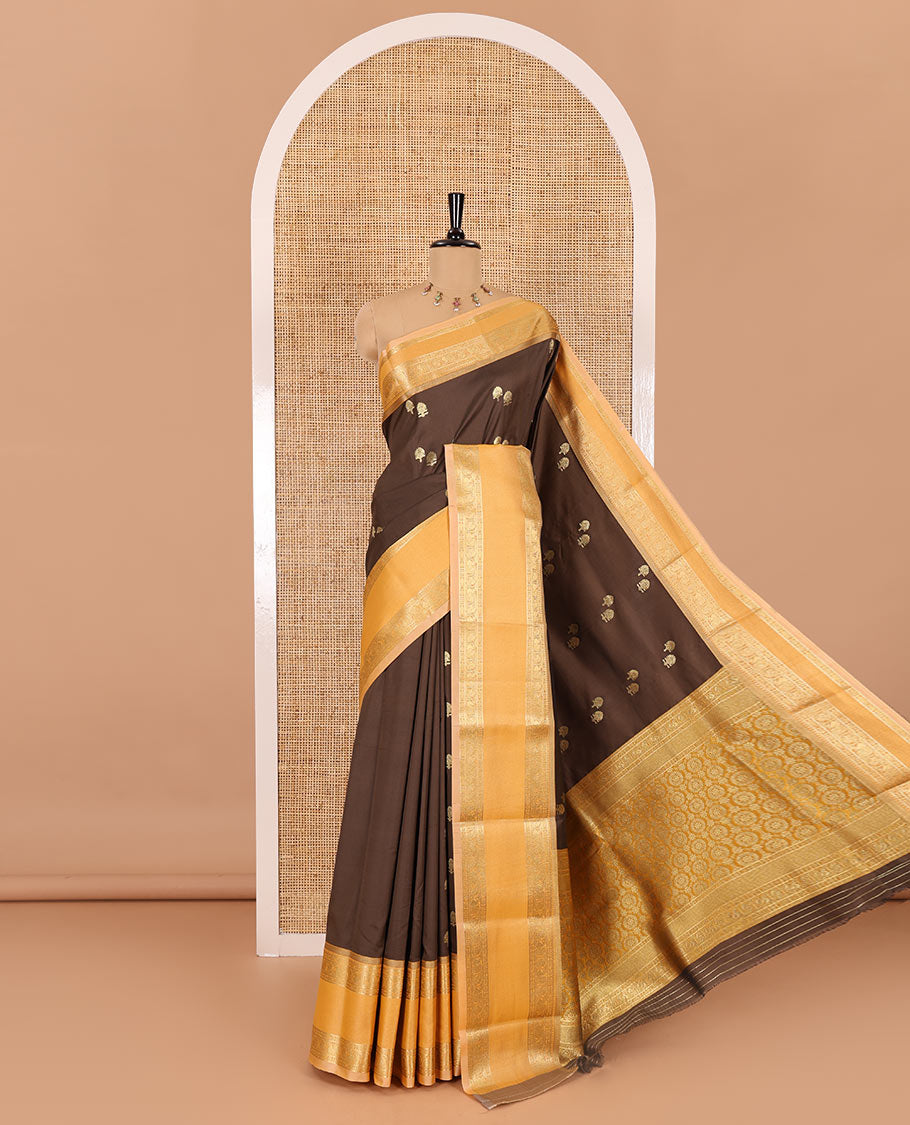 Brown buttas soft silk saree , contrast peacock and mango zari weaving border , contrast weaving rich pallu and contrast Blouse