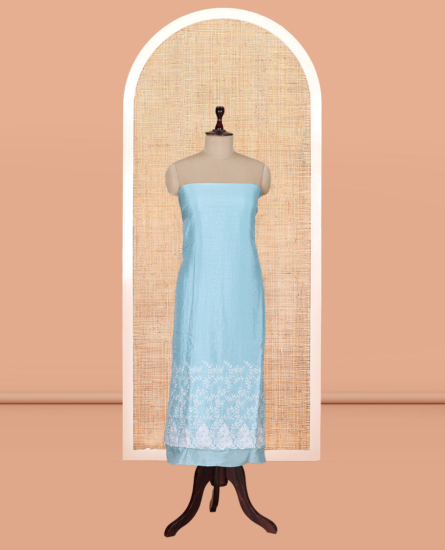 Sea Blue Mul Chanderi Material Churidar with Delicate Floral Embroidered Top, a Plain Bottom, and Scallop Embroidered Dupatta