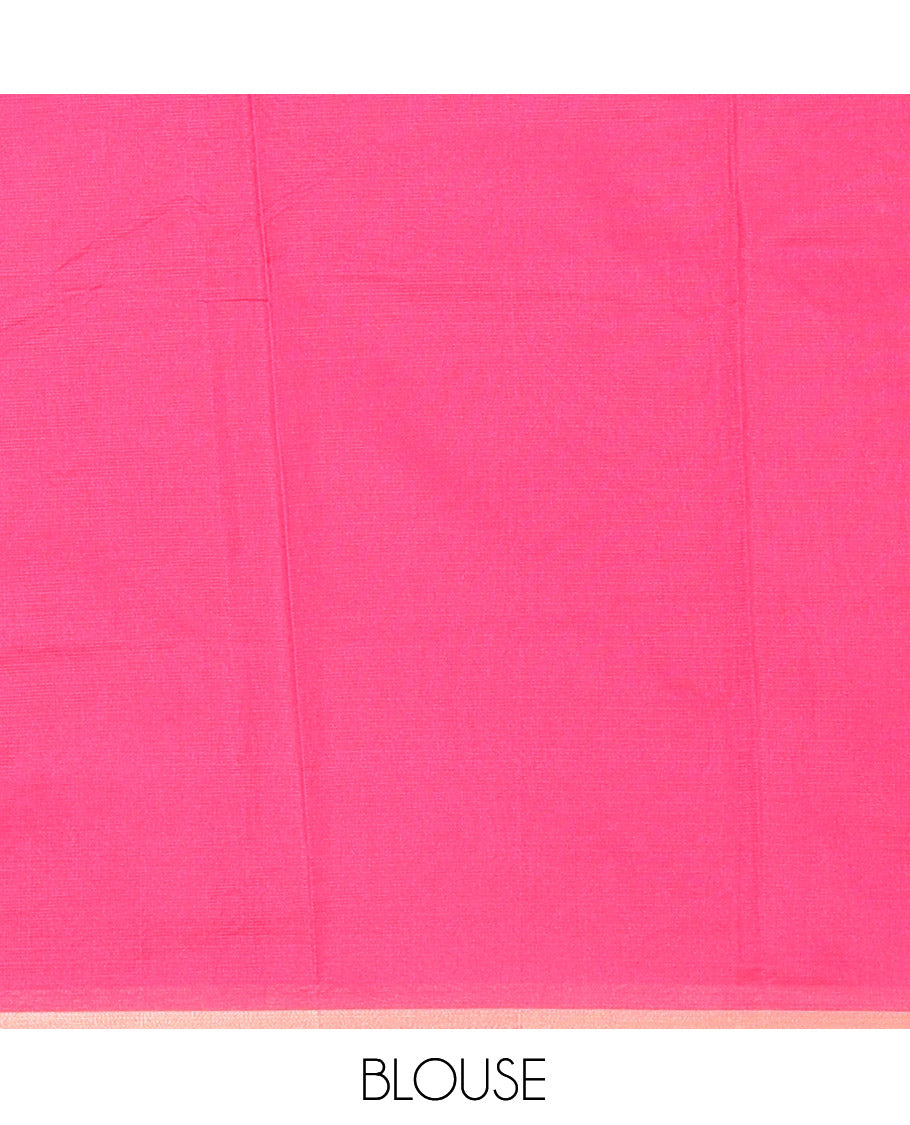 Pink Kota Doria Saree Features Flora-Flamingo Hand-Brush Print, a Piping Border, Matching Blouse