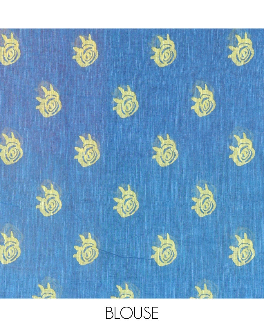 Borderless Yellow Linen Cotton Saree, Adorned with Macro-Checked Design on Its Body, a Self-Pallu, and Paired with a Contrast-Printed Blouse