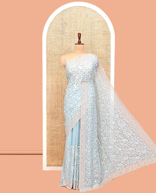 Pale Blue Designer Saree, Crafted with Floral-Paisley Embroidery, a Scallop Stone Embroidered Border, and a Matching Blouse