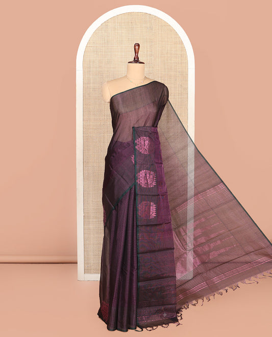Purple Silk Saree, Subtly Woven with Buttas All Over Its Body,  Complemented by Peacock Charriot Motifs Woven Border, Temple Design Pallu and Paired with a Contrast Blouse