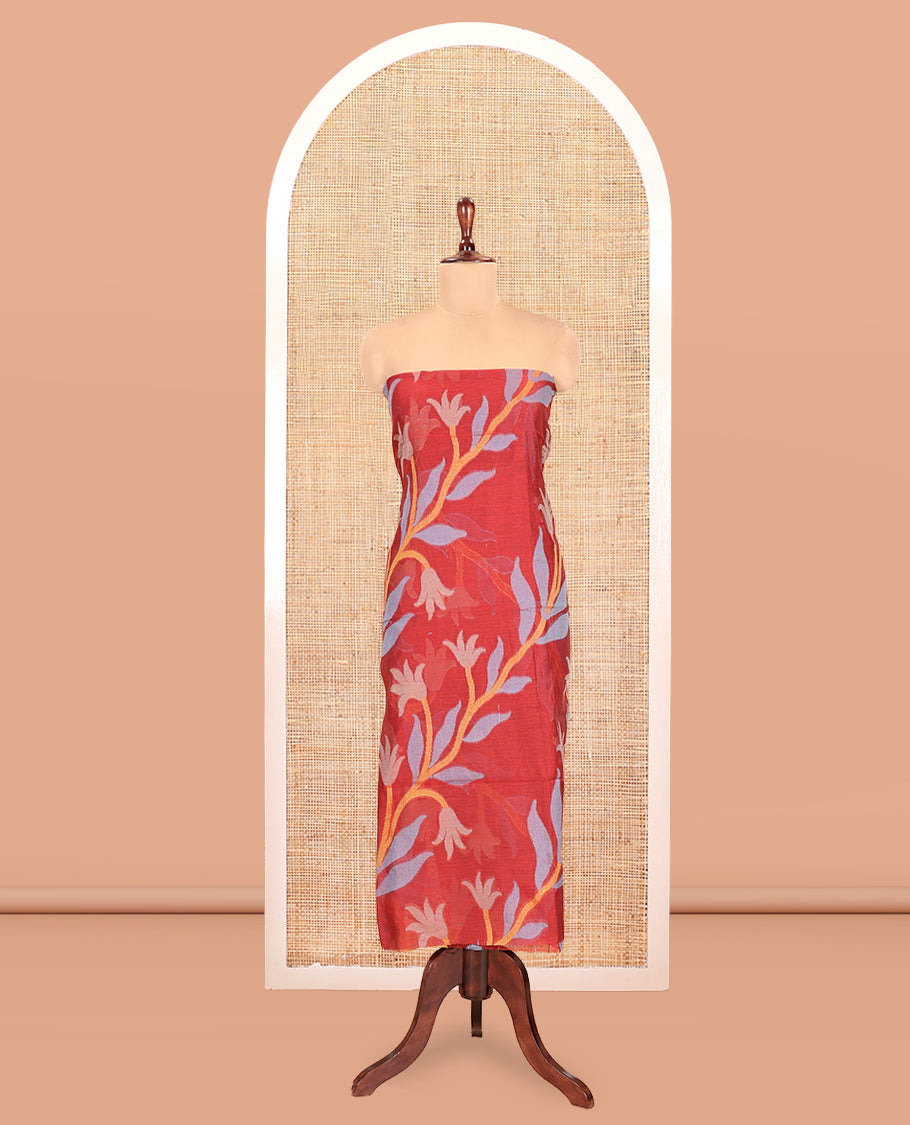 Maroon Chanderi Silk Material Chudidar Features Jamdani Floral Top, Contrast Bottom and Dupatta