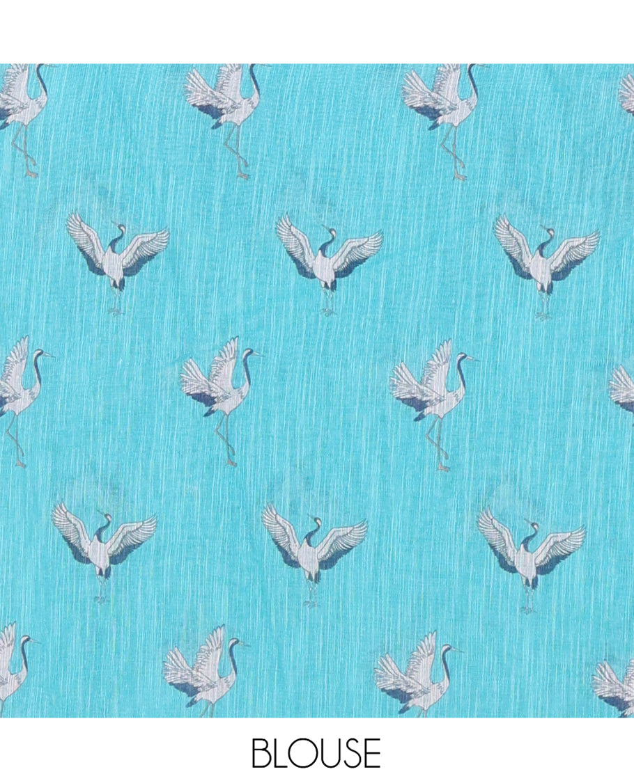 Borderless Blue Linen Cotton Saree, Adorned with Crane Motifs Print, and a Matching Blouse