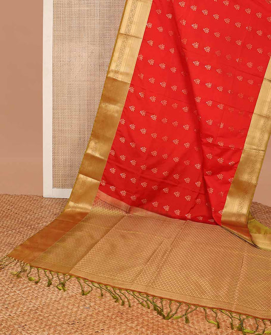 Red motifs soft silk saree with contrast zari design border & checked floral design pallu
