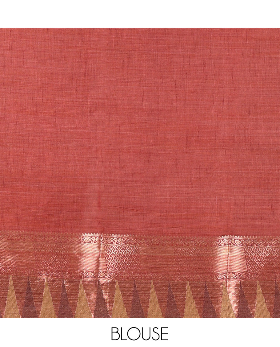 Green Plain Semi-Tussar Saree, Contrast Traditional Temple Border, Striped Pallu, Contrast Blouse