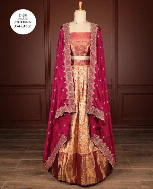 Cream floral vine design half saree with contrast zari design border, zari design blouse & red floral embroidery scallop border dhavani