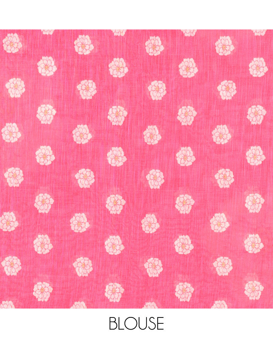 Pink Linen Cotton Saree, Beautified with Flower Motifs Printed on Its Body, Subtle Piping Border, Self-Printed Pallu, and Paired with a Matching Blouse