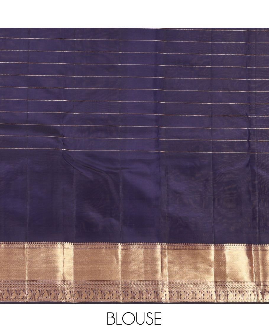 Blue Vasundhara Silk Saree, Ornamented with Mayil-Chakram Buttas and Checks, Highlighted by a Zari Border of Wedding-Themed Motif Weave, Grand Jaal Pallu, and a Matching Blouse