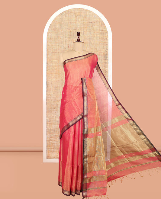 Peach Maheshwari Cotton Saree, Woven with Zari Buttas, a Contrast Traditional Zari Border, Zari Gleamed Up Pallu, and a Matching Blouse