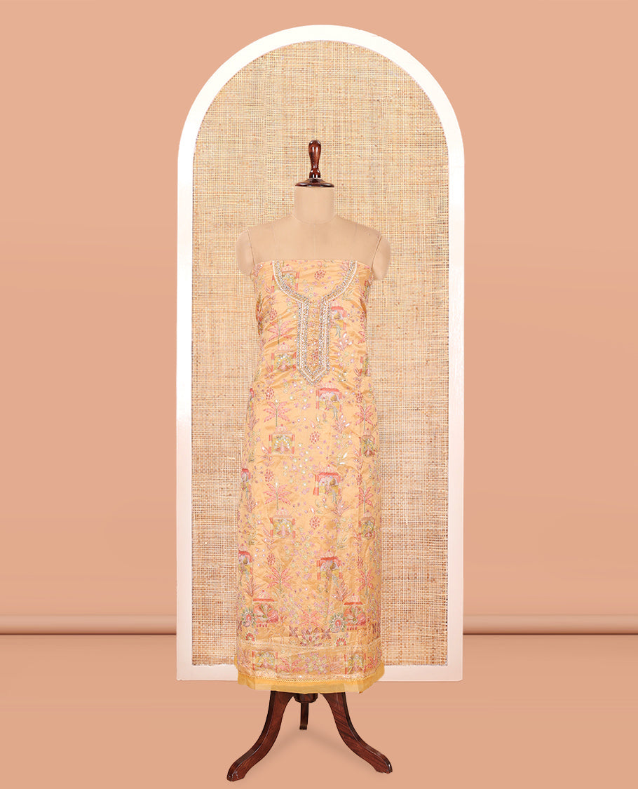 Golden Chikku Organza Material Churidar, Intricately Printed Outlined Embroidery Top, a Matching Bottom, and a Floral Embroidered Dupatta