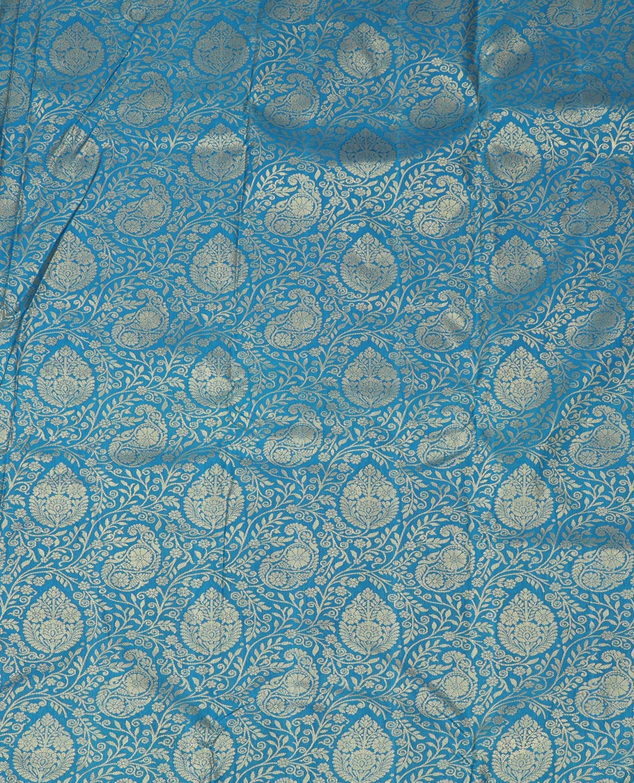 Blue Jacquard Art Silk Pavadai Material, a Contrast Traditional Zari Border, Contrast Blouse