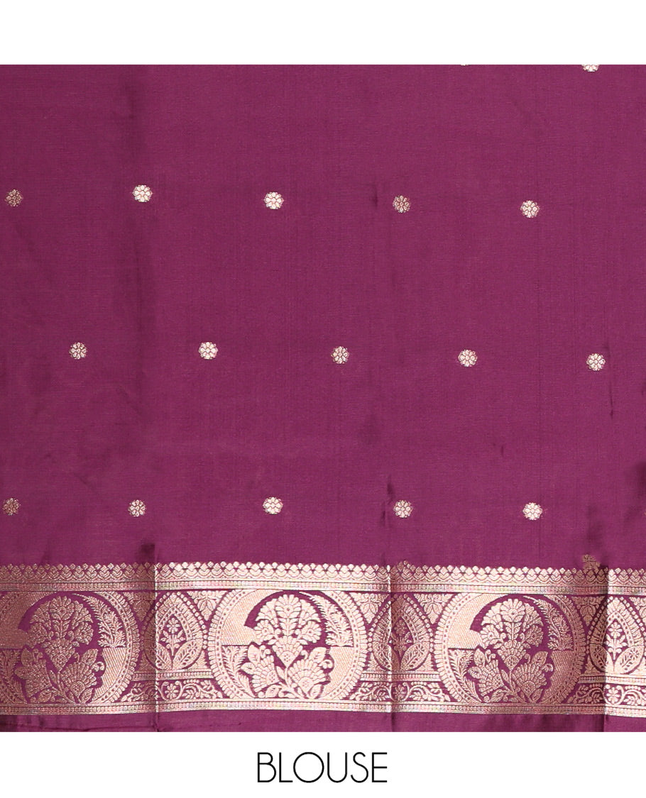Borderless Wine Kanchi Silk Saree, Graced with Zari Buttas, Mughal-Style Intricately Woven Pallu, and a Matching Blouse