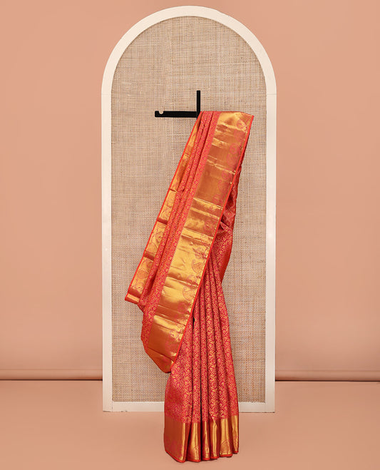 Orange Kanchipuram Wedding Silk Saree, Entralled with Jacquard Design On Its Body, Highlighted by Manga and Mayil Designs, Ogee Patterned Pallu and Paired with a Matching Blouse