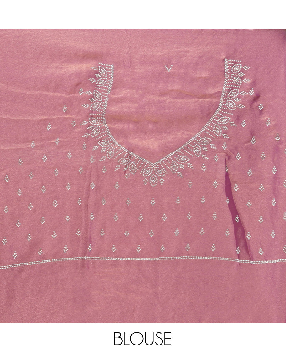 Pink Designer Saree, Prettified with Stonework Jaal Design, a Scallop Leaf Stonework Border, and Matching Blouse