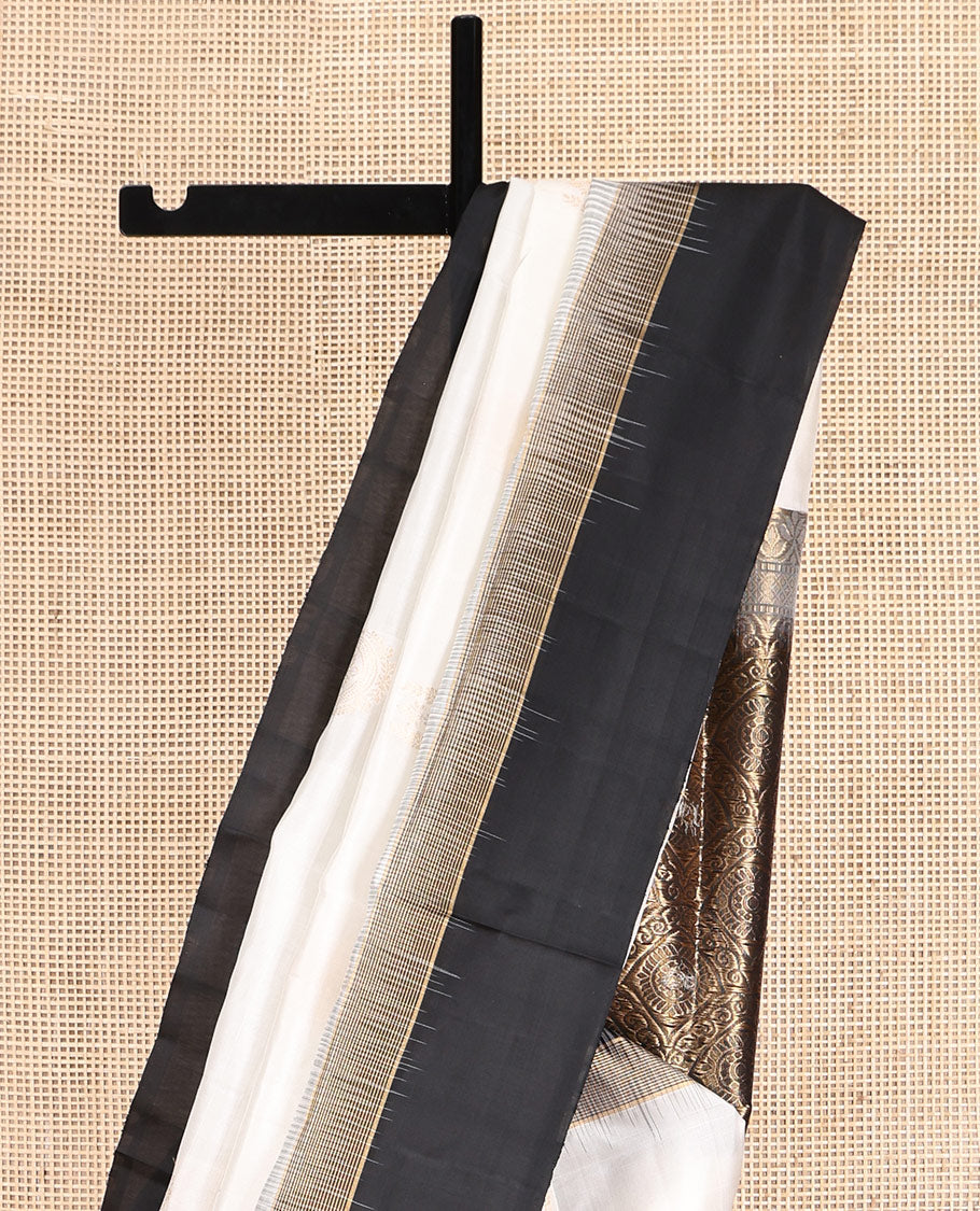 White Mayuri Soft Silk Saree, Enthralled with Zari Buttas, Complemented by Contrast Zari Border, Intricately Designed Pallu, and a Contrast Blouse