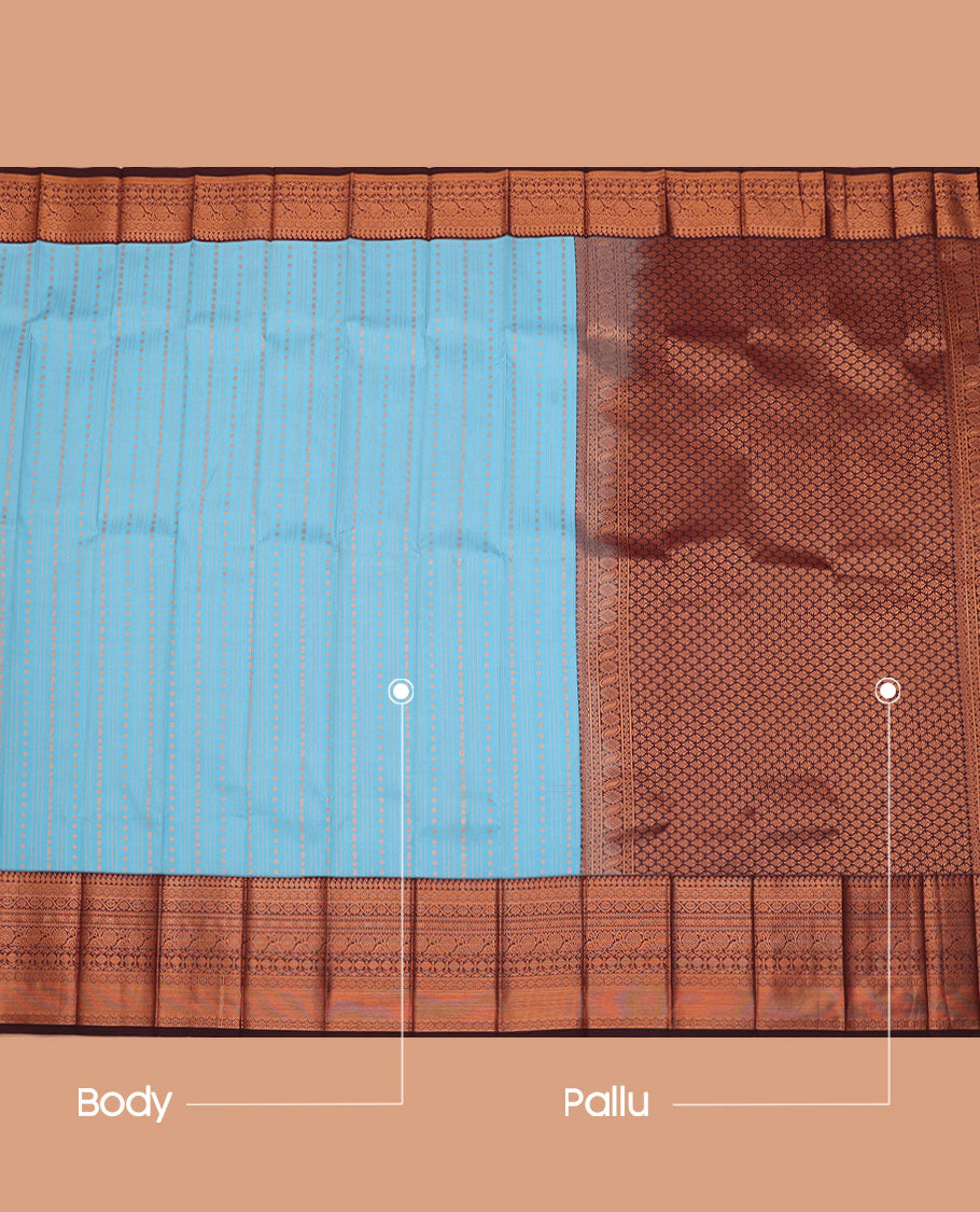 Blue Budget Silk Saree, Adorned with Buttas and Stripes All Over Its Body, Complemented by a Contrast Traditional Zari Design Border, Grand Pallu, and Paired with a Contrast Blouse