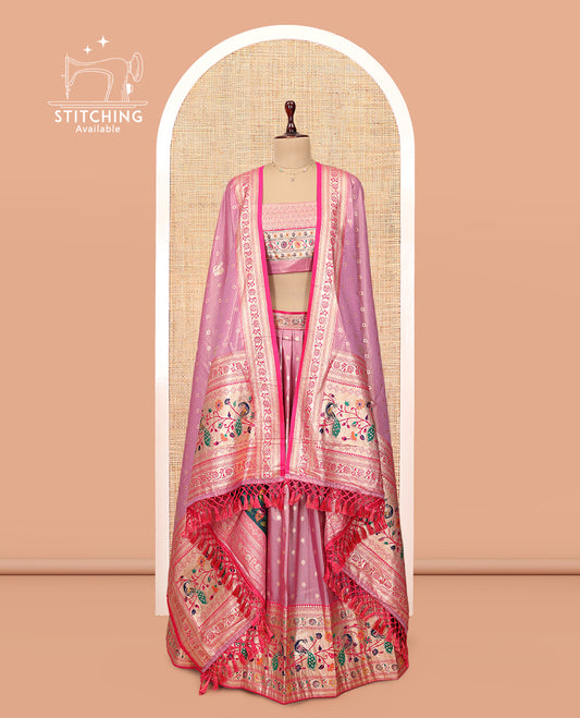 Pink Banarasi Half-Saree, Delicately Woven with Zari Buttas Skirt, a Contrast Paithani-Style Border, Matching Blouse, and Matching Dupatta