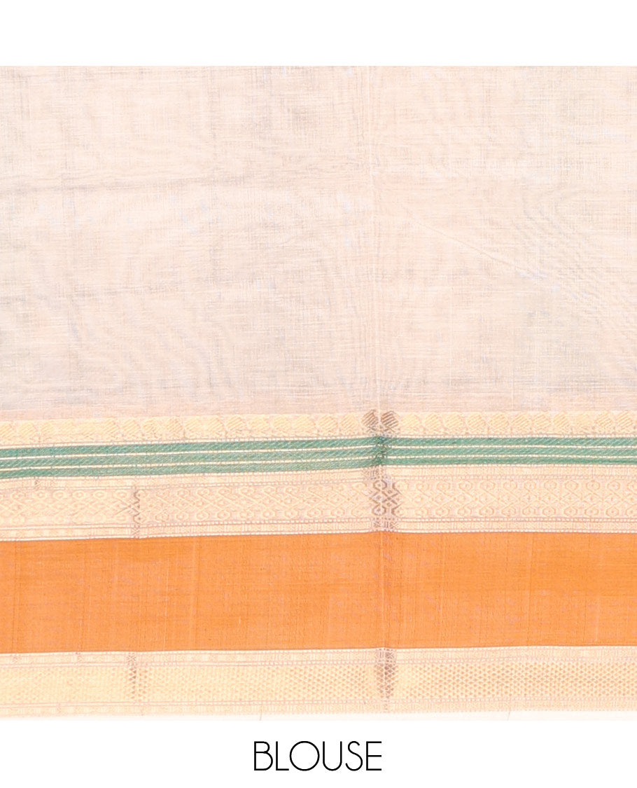Cream Buttas Enclosed Checked Kuppadam Silk Saree, a Contrast Double-Pet Border, Grand Pallu, and a Matching Blouse