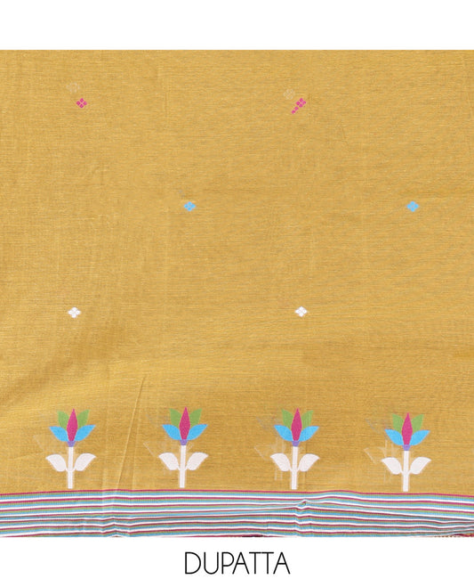 Mustard Yellow Mul Chanderi Material Churidar Features Jamdani-Style Meena Buttas Top, a Plain Bottom, and a Jamdani-Style Dupatta