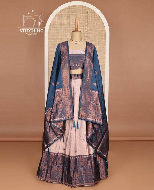 Mauve floral jacquard half saree with contrast zari design border, zari design blouse & floral zari design dhavani