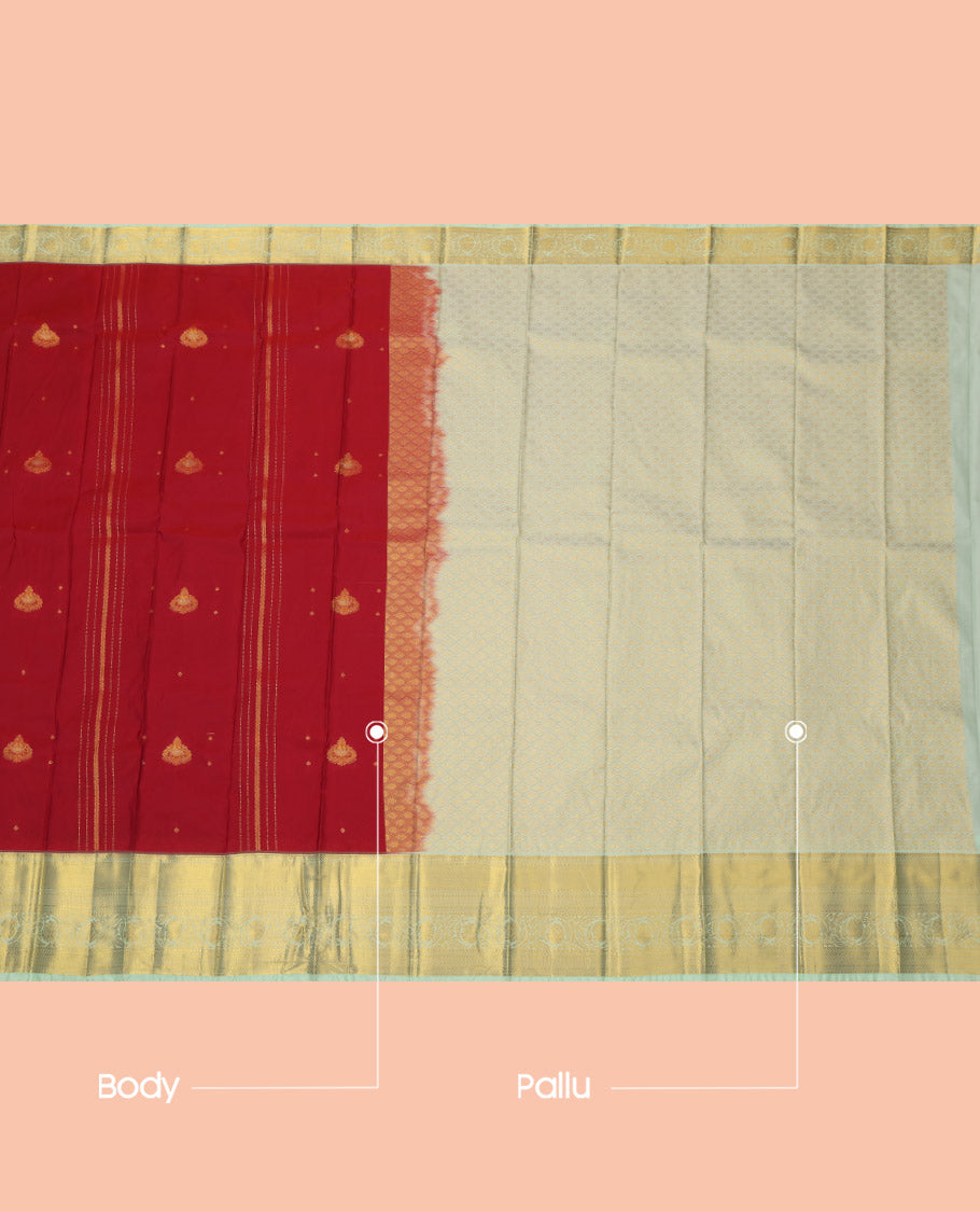 Red Budget Silk Saree, Accentuated with Zari Buttas and Stripes, Complemented by a Contrast Traditional Zari Border, Grand Jaal Pallu, and Contrast Blouse